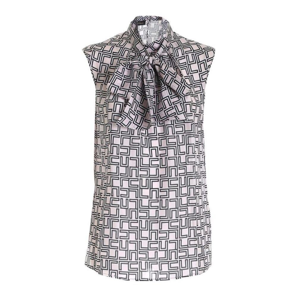Les Copains Silk Top Blouse Geometric Sleeveless Neck Tie Gray Blue 42 4 6 S